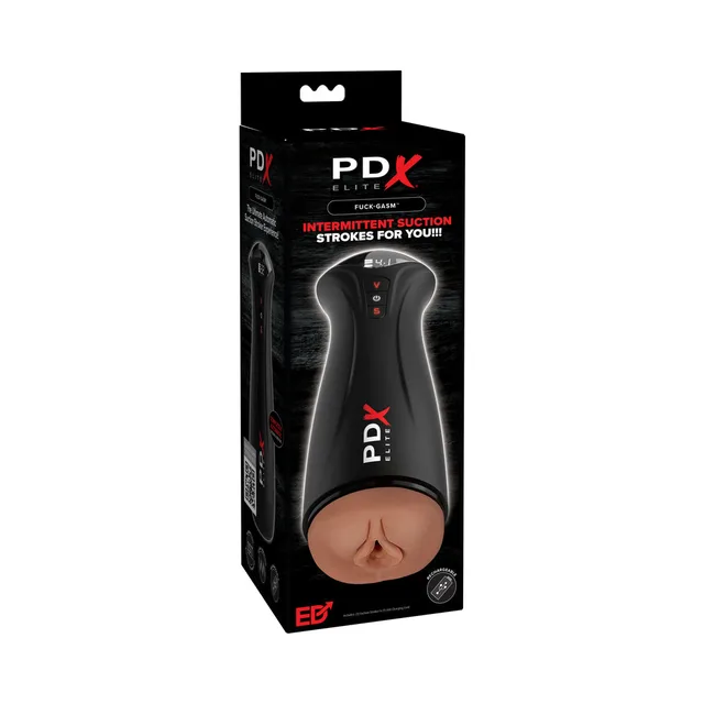 Black PDX Elite Fuck-Gasm stroker with brown opening in black retail box