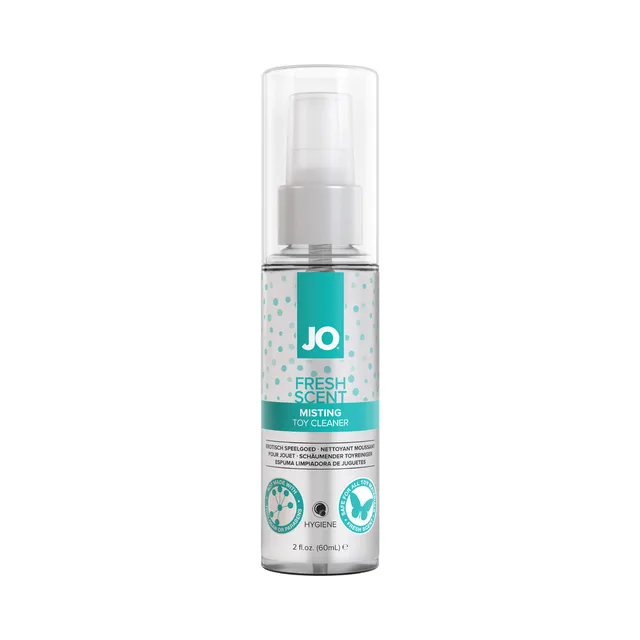 front of clear JO Fresh Misting Toy Cleaner bottle with gray pump