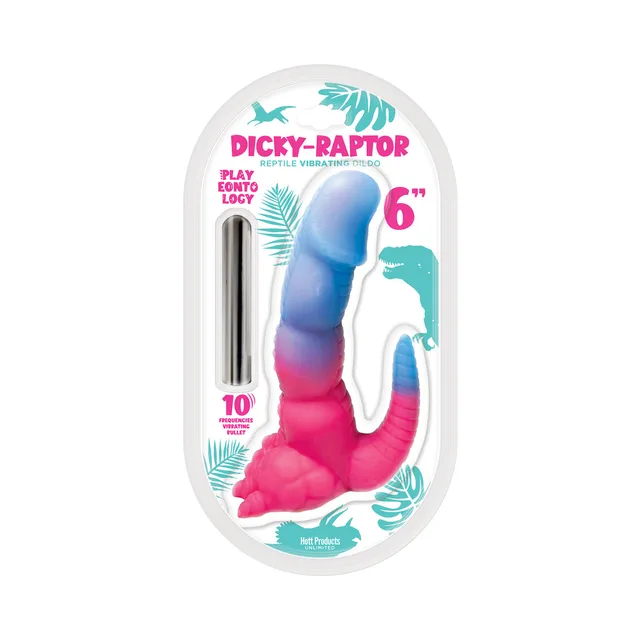 Hott Products Dicky Raptor vibrating dildo blue and pink dinosaur design in clear retail package