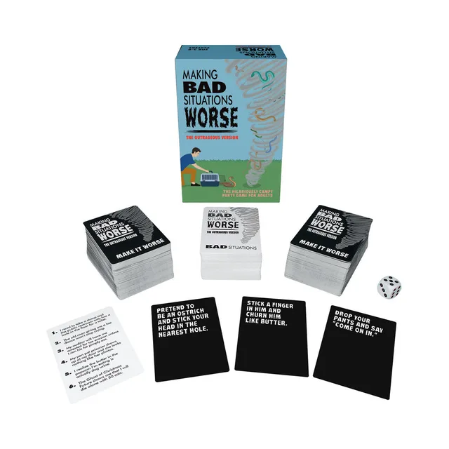Making Bad Situations Worse card game with decks and numbered die