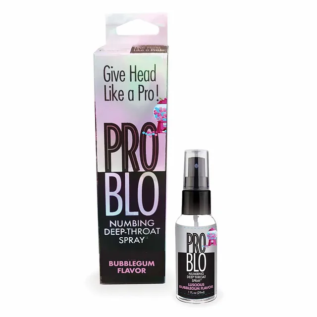 Pro Blo Bubblegum 1 oz pump spray bottle beside pink and white carton