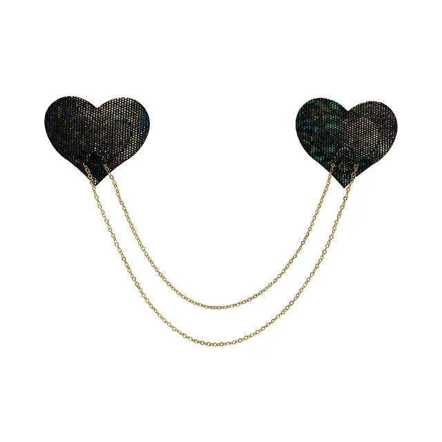 Pastease black shattered disco heart pasties connected by two gold-tone chains