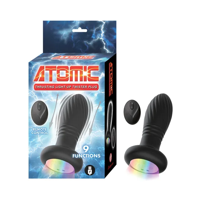 Black Atomic Twister ribbed plug with rainbow light base and oval remote