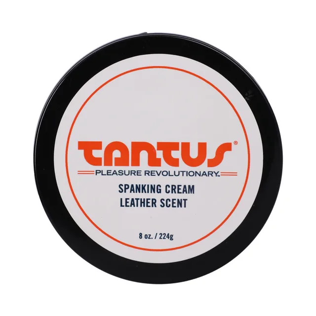 Top label on Tantus leather scent Spanking Cream 8 oz jar