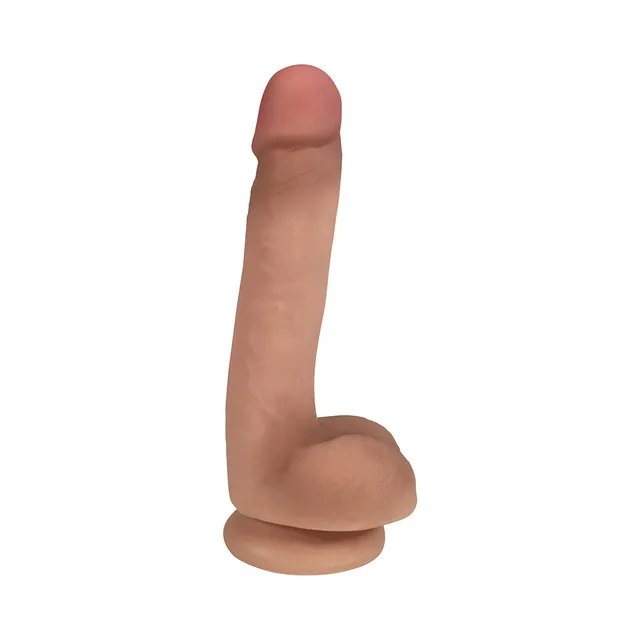 Curve Novelties Easy Riders 7-inch beige dildo isolated upright angle with rounded head, sculpted balls and suction-cup base