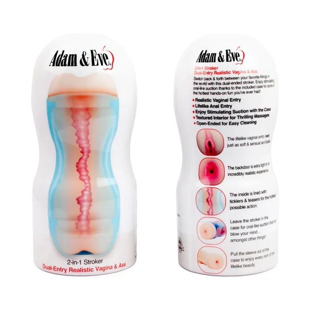 Front and rear views of Adam & Eve 2-in-1 Stroker packaging