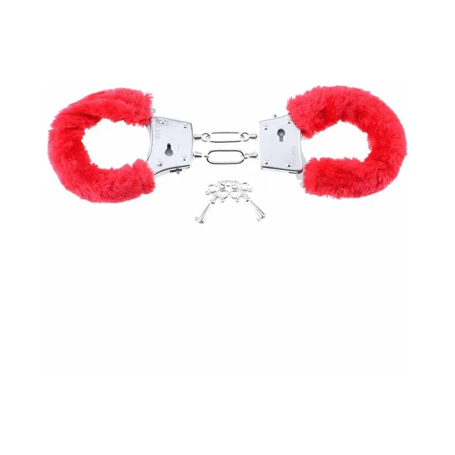 Red plush-lined metal cuffs with chain and two keys
