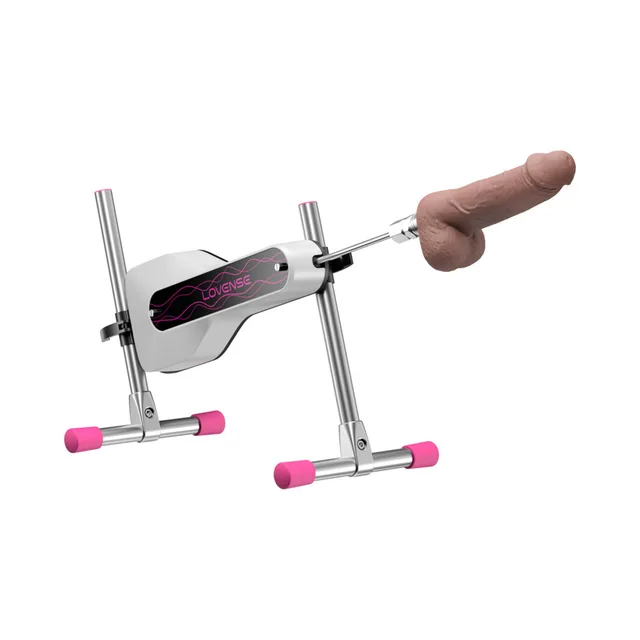 Lovense Mini Sex Machine on silver adjustable frame with pink feet