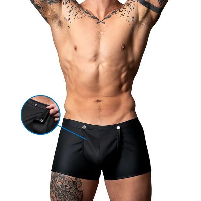 Male Power Oh Snap XL black trunk shorts front snap detail worn by model
