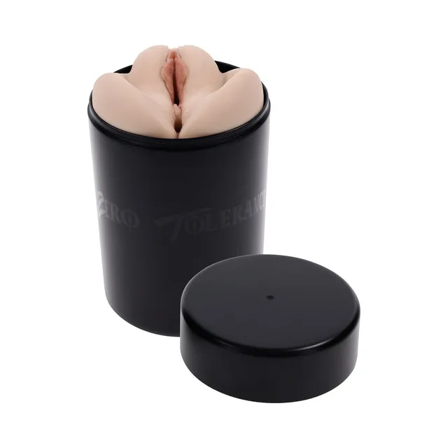 Lisa Ann stroker upright in open black cylindrical case