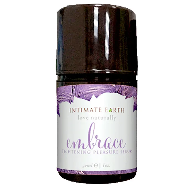 Intimate Earth Embrace Serum dark 1 oz roll-on bottle with purple white label