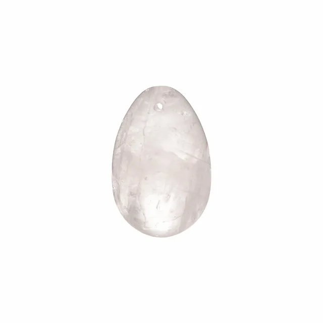 Upright view of translucent Chakrubs Prism drilled clear quartz egg