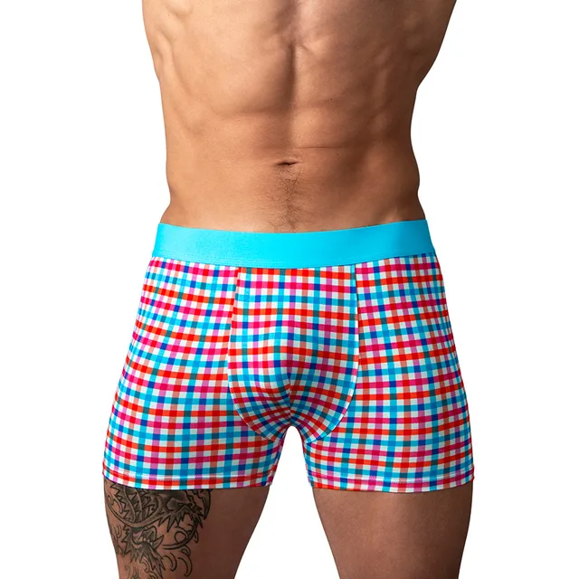 Male Power So Cumfy turquoise gingham boxer brief size XL front view worn with an aqua waistband and gingham body
