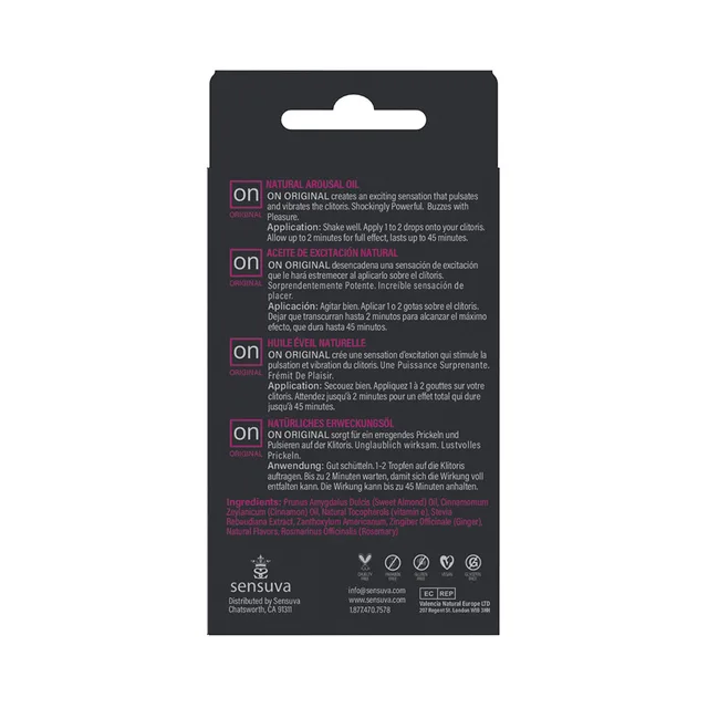 Sensuva ON Original Arousal Oil carton rear with multilingual text