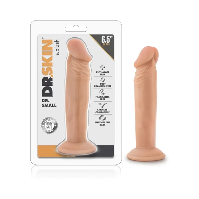 Blush Dr. Small beige dildo beside clear Dr. Skin retail package