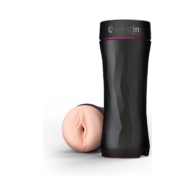 Mystim Opus E insert beside tall black cylindrical case