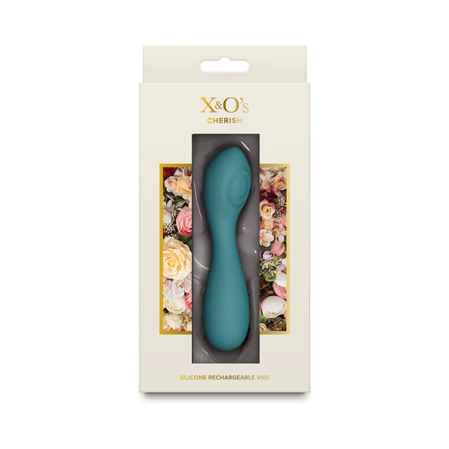 X&O's Cherish teal silicone rechargeable vibrator inside the cream floral retail box