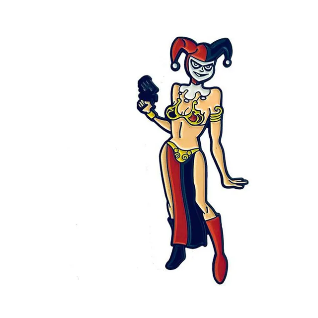 Slave Sexy Sidekick enamel pin with red-blue jester cap and yellow outfit