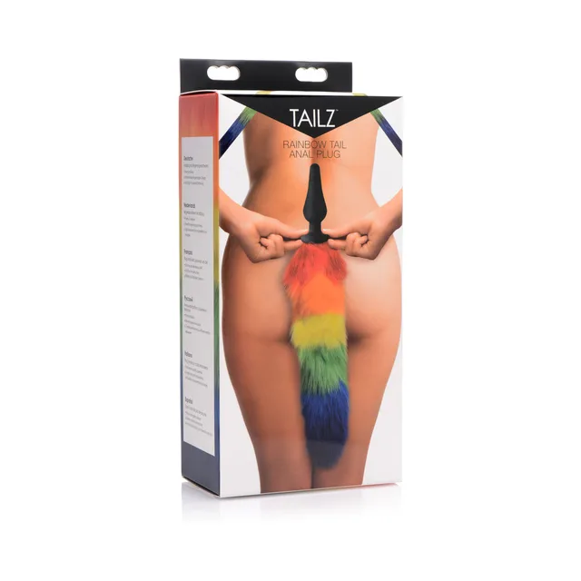 Tailz black silicone anal plug with long red yellow green and blue faux-fur tail on box