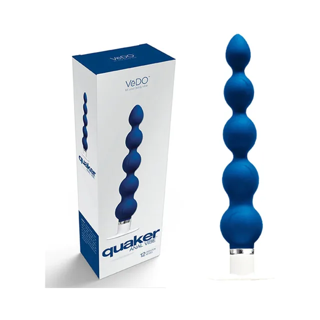 VeDO Quaker Midnight Blue Anal Vibrator gray blue carton beside graduated bulb product
