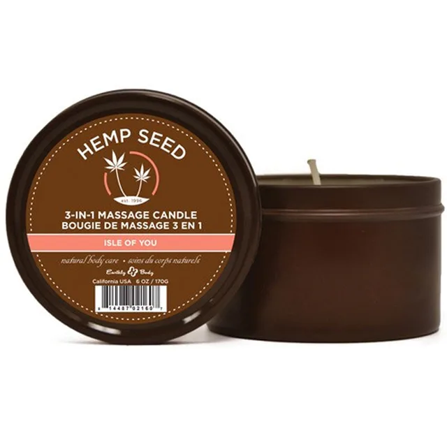 Earthly Body Isle of You Massage Candle 6 oz round brown candle tin with lid and cream label