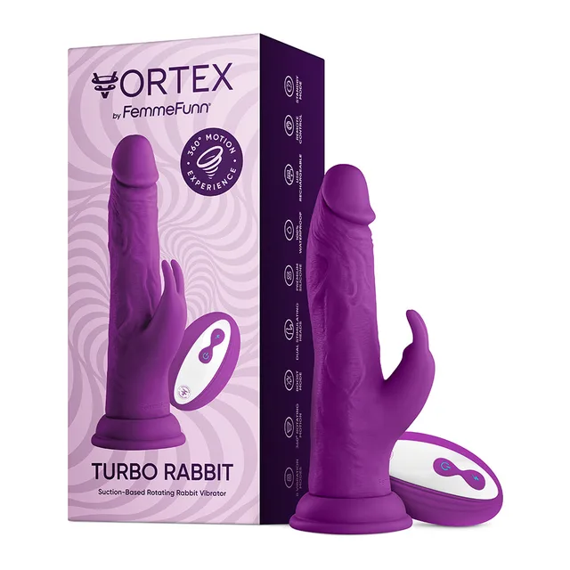 Purple Vortex Turbo Rabbit 2.0 dildo beside black retail box