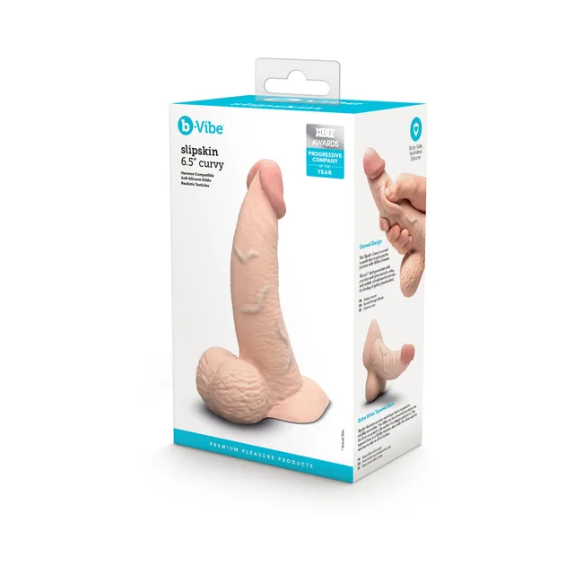Cream 6.5-inch Slipskin Curvy dildo beside retail box