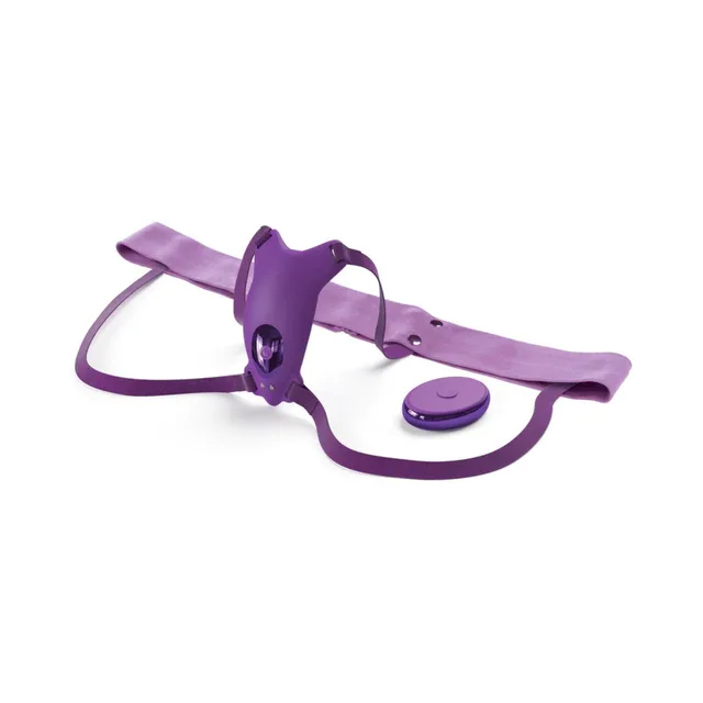 Purple butterfly wearable vibrator with straps and oval remote