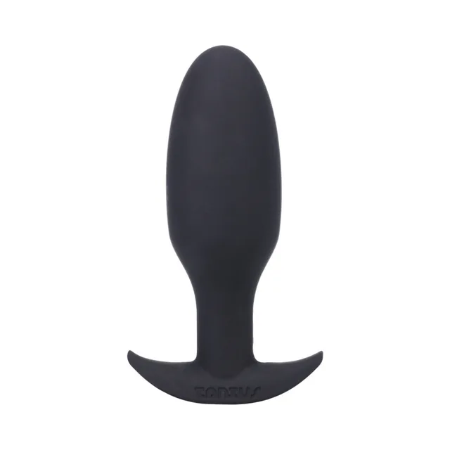 Front view of black Tantus Ryder with rounded bulb and curved base