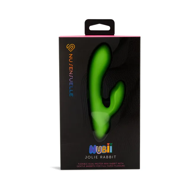 lime-green Jolie Nubii mini rabbit vibrator displayed inside black window box