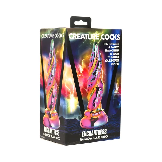 Enchantress rainbow glass dildo with twisted color bands displayed on box