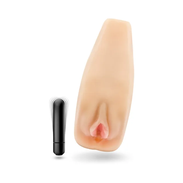 Blush EnLust Sabrina textured stroker front view beside the separate black bullet