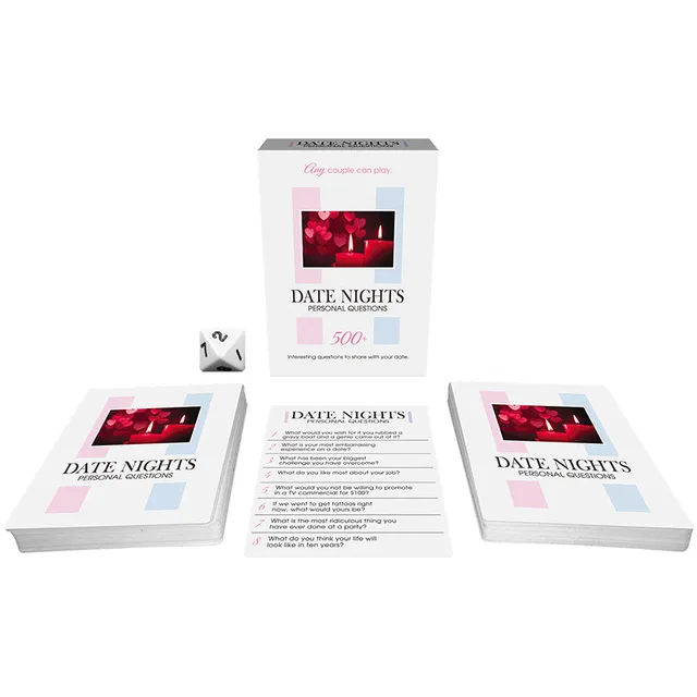 Date Night Personal Questions box with two card decks and white die