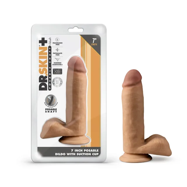 Dr. Skin Plus Realistic tan 7-inch dildo beside retail package