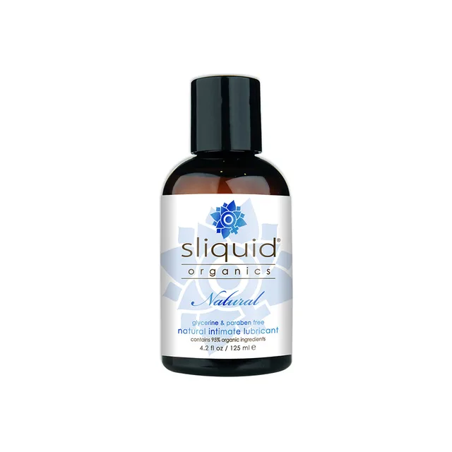 Amber 4.2 oz Sliquid Organics Natural bottle with black cap and blue botanical label