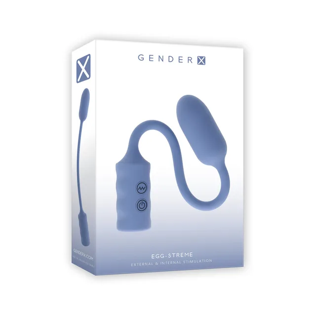 Gender X Egg-Streme blue vibrator in white retail box