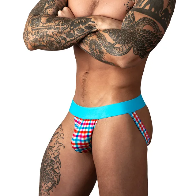 Male Power So Cumfy turquoise gingham jockstrap size S/M front view worn with a plaid pouch and aqua waistband