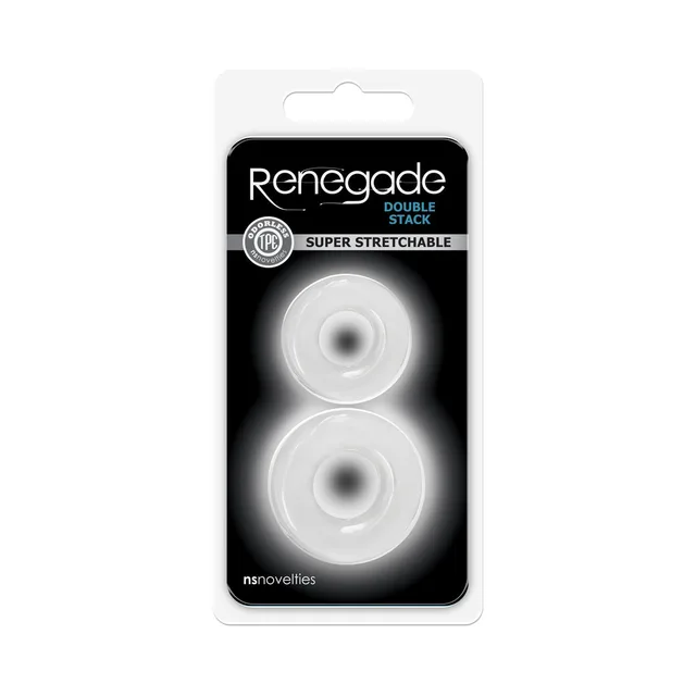 Renegade clear Double Stack rings black card package with two transparent rings aligned vertically