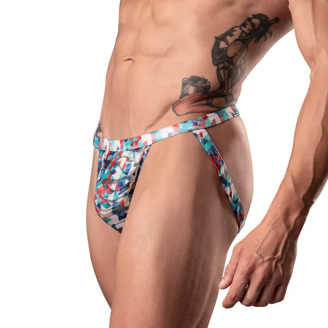Male Power Your Lace Or Mine S/M multicolor geometric jock side view worn by model