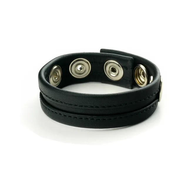 Black Prowler RED leather cock strap fastened into a round band