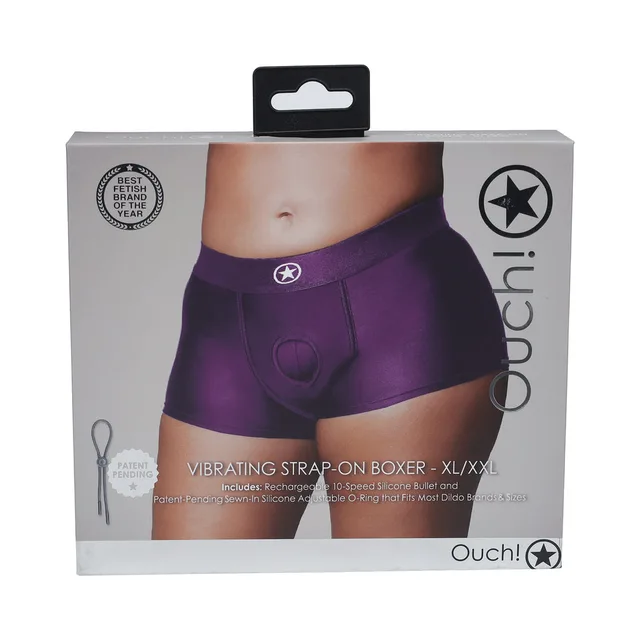 purple Ouch vibrating strap-on boxer XL/2XL pictured on gray box