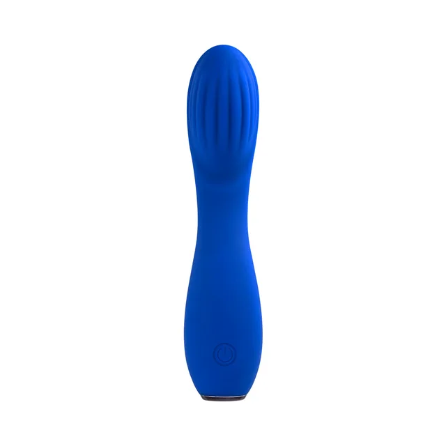 front view of blue Sapphire G vibrator with grooved oval head