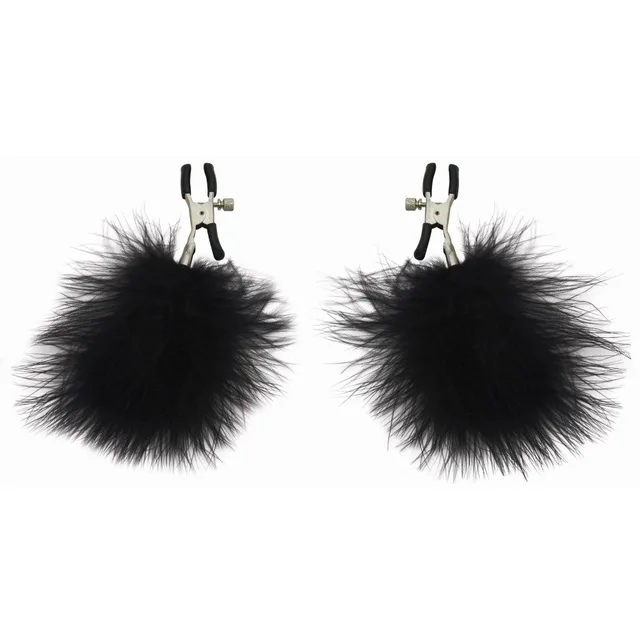 Sex and Mischief Feather Clamps pair of silver clamps with black feather pom-poms