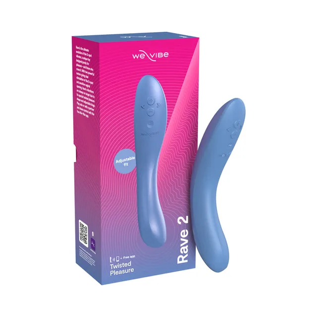 blue curved We-Vibe Rave 2 vibrator beside pink and blue retail box