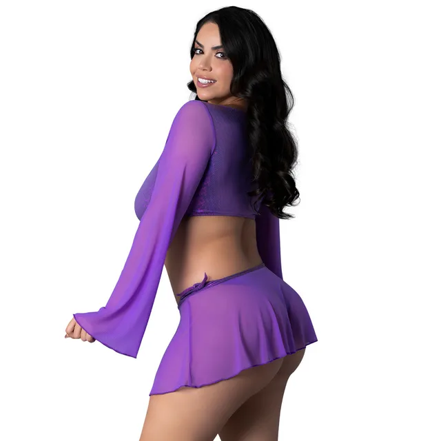 Glimmer Queen purple crop top and skirt set three-quarter front view worn by model