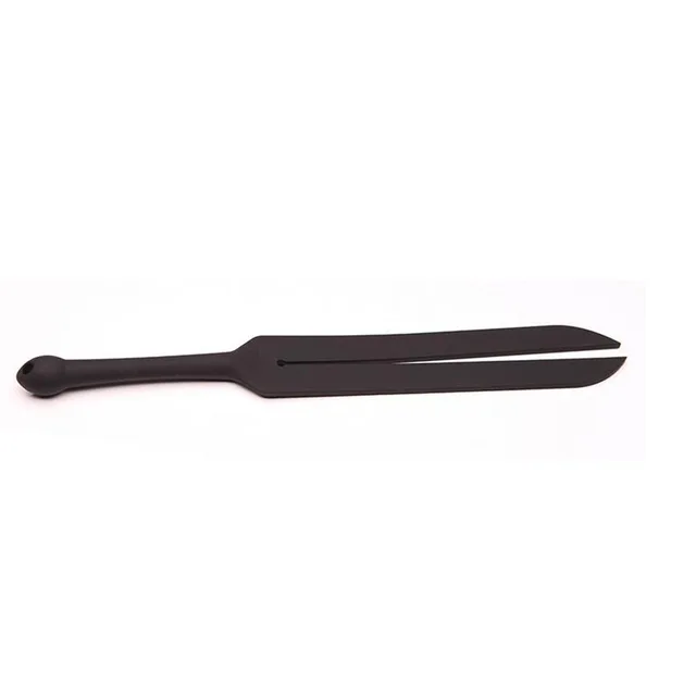 Black Tantus Tawse Small paddle laid flat with two long split tails
