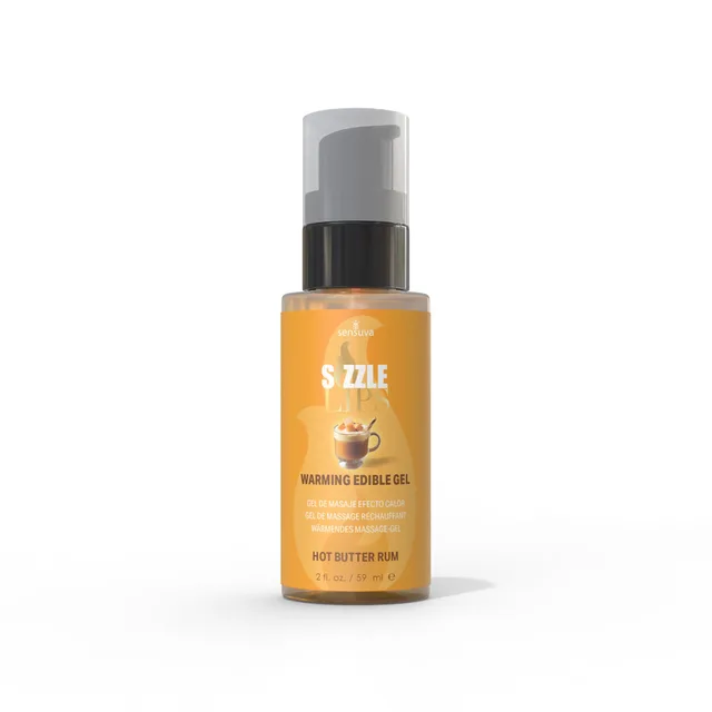 Sensuva Sizzle Lips Butter Rum gel in golden yellow pump bottle