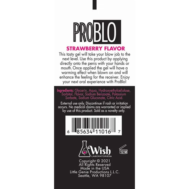 back label of Pro Blo Strawberry 10 ml gel tube
