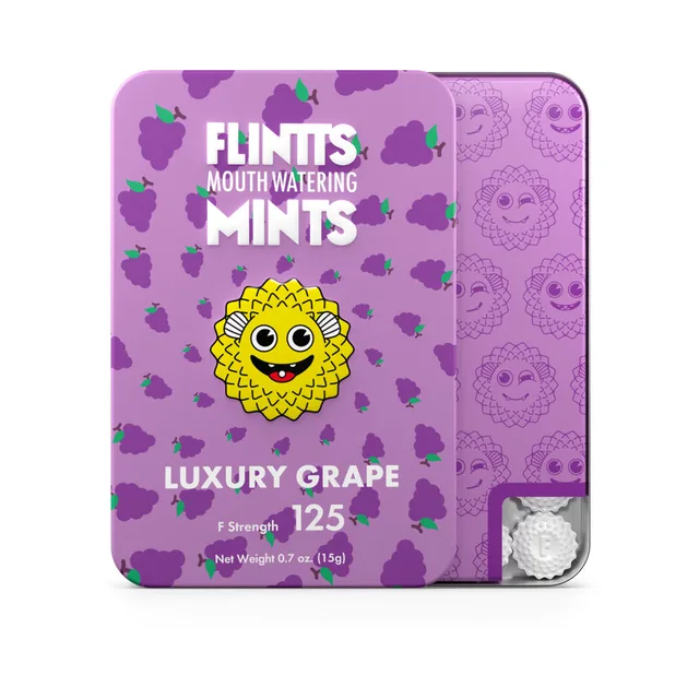 Lavender Flintts Luxury Grape Mints F-Strength 125 tin with purple grapes
