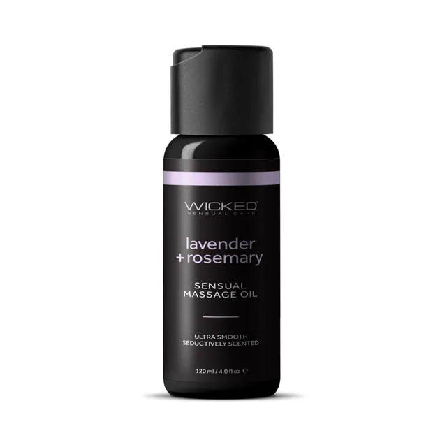 Front of black 4 oz Wicked Lavender and Rosemary massage oil bottle